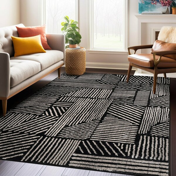 World Rug Gallery Contemporary Boho Stripes Non Shedding Soft Area Rug 7' 10 x 10' Black 396BLACK8x10